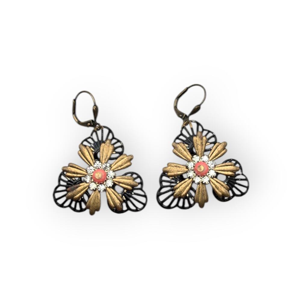 Victorian Revival Boho Filigree Flower Earrings Gold Coral Cabochon Rhinestones